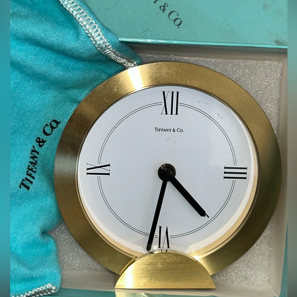 Tiffany & Co. Brass Desk Clock On Flat Stand Bottom -  Authentic